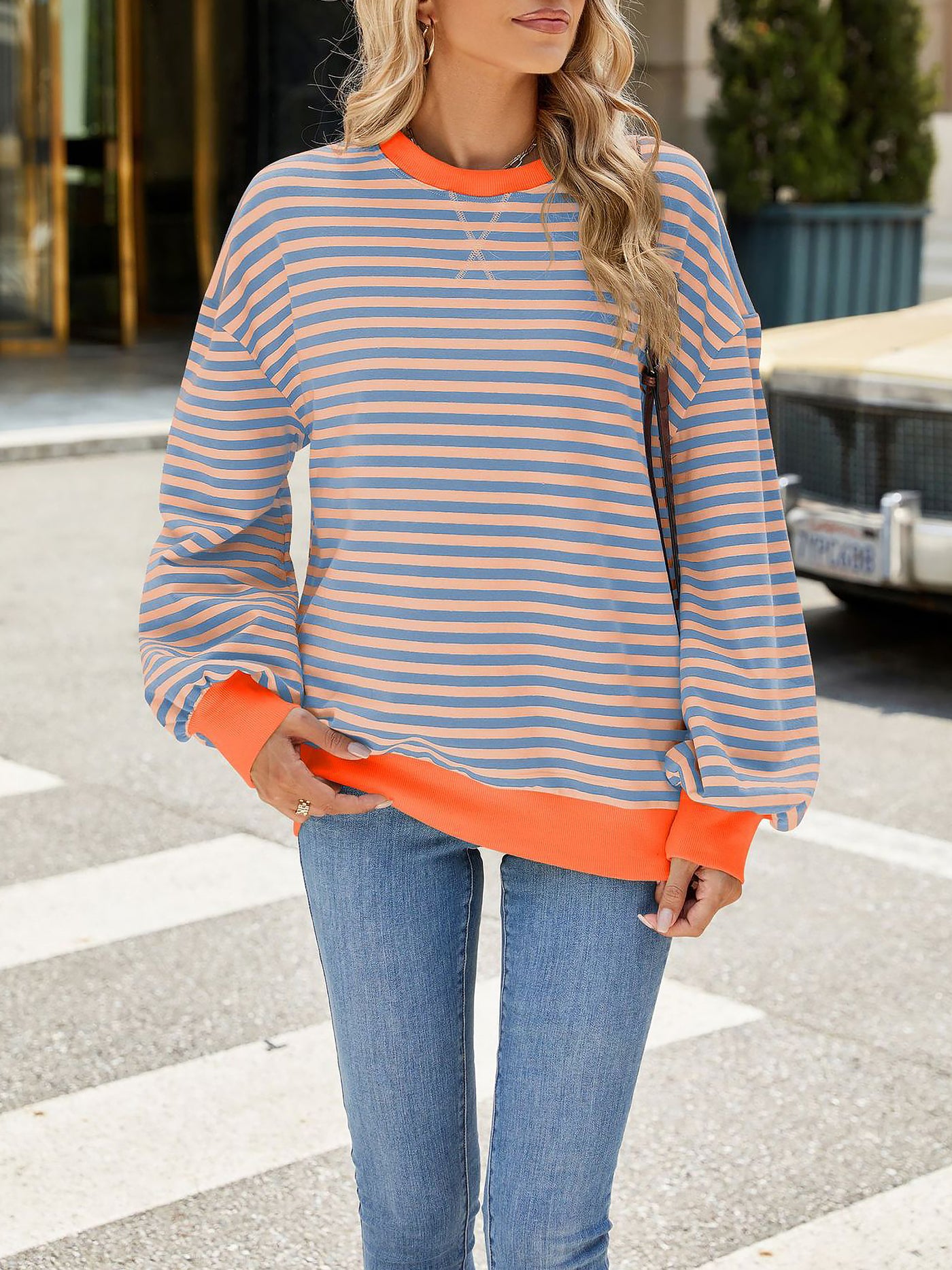 Allegra K Colorblock Striped Round Neck Long Sleeves Sweatshirt