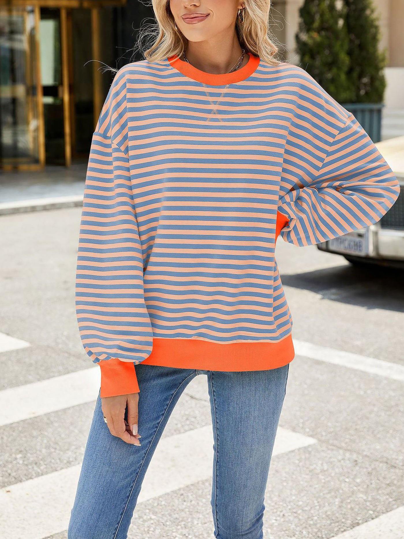 Allegra K Colorblock Striped Round Neck Long Sleeves Sweatshirt