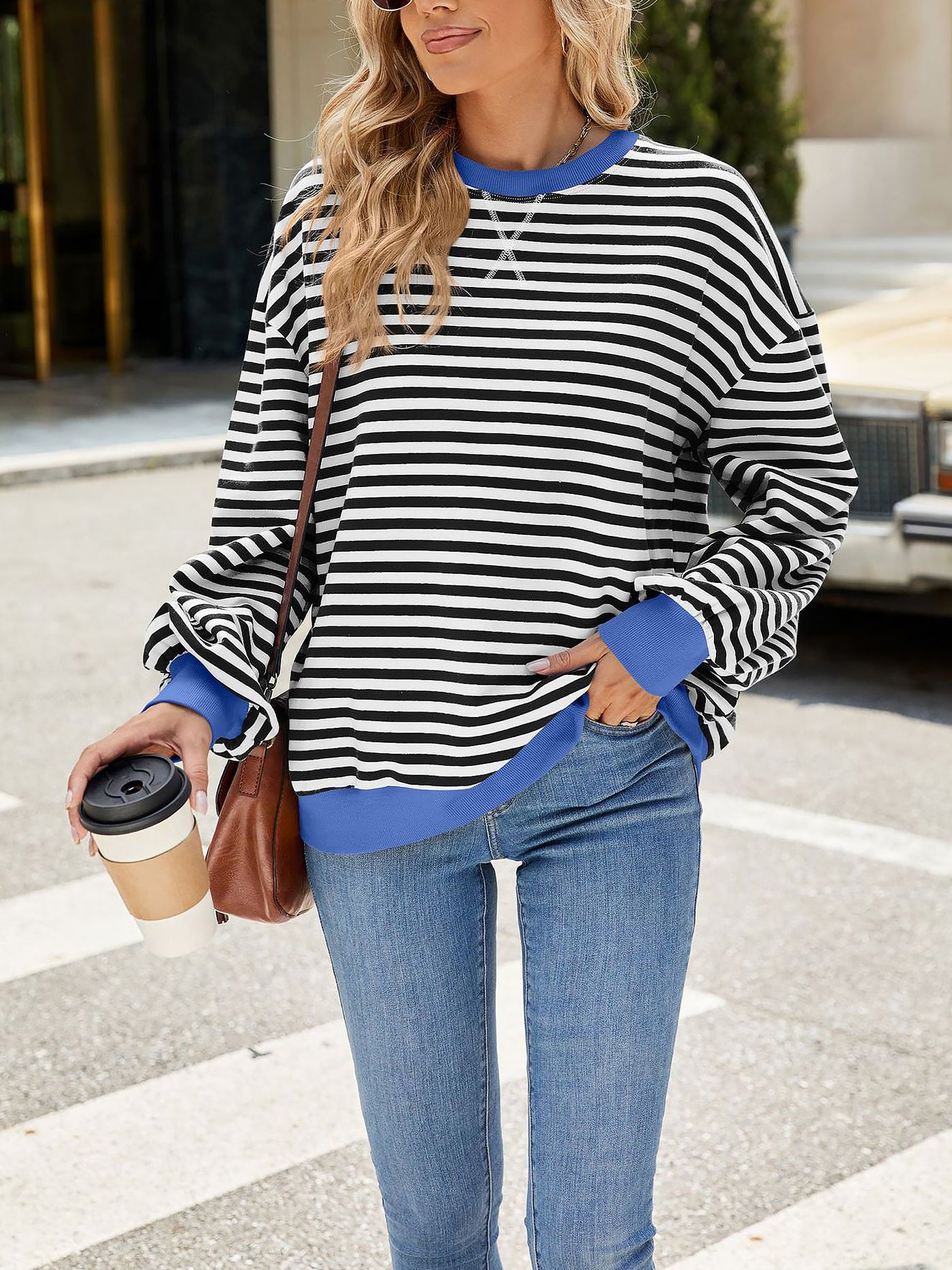 Allegra K Colorblock Striped Round Neck Long Sleeves Sweatshirt