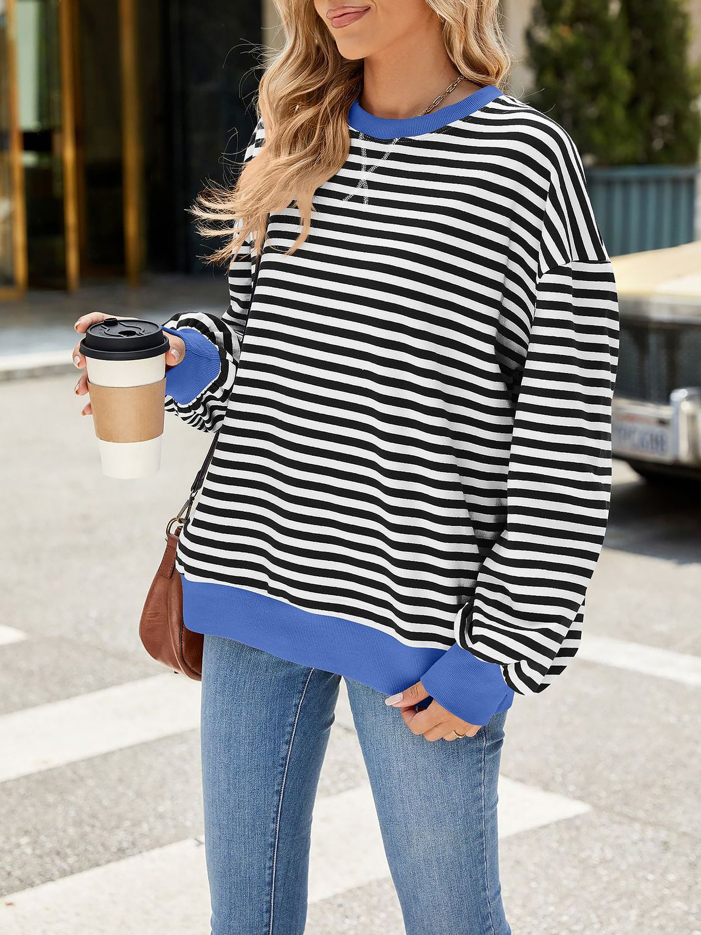 Allegra K Colorblock Striped Round Neck Long Sleeves Sweatshirt