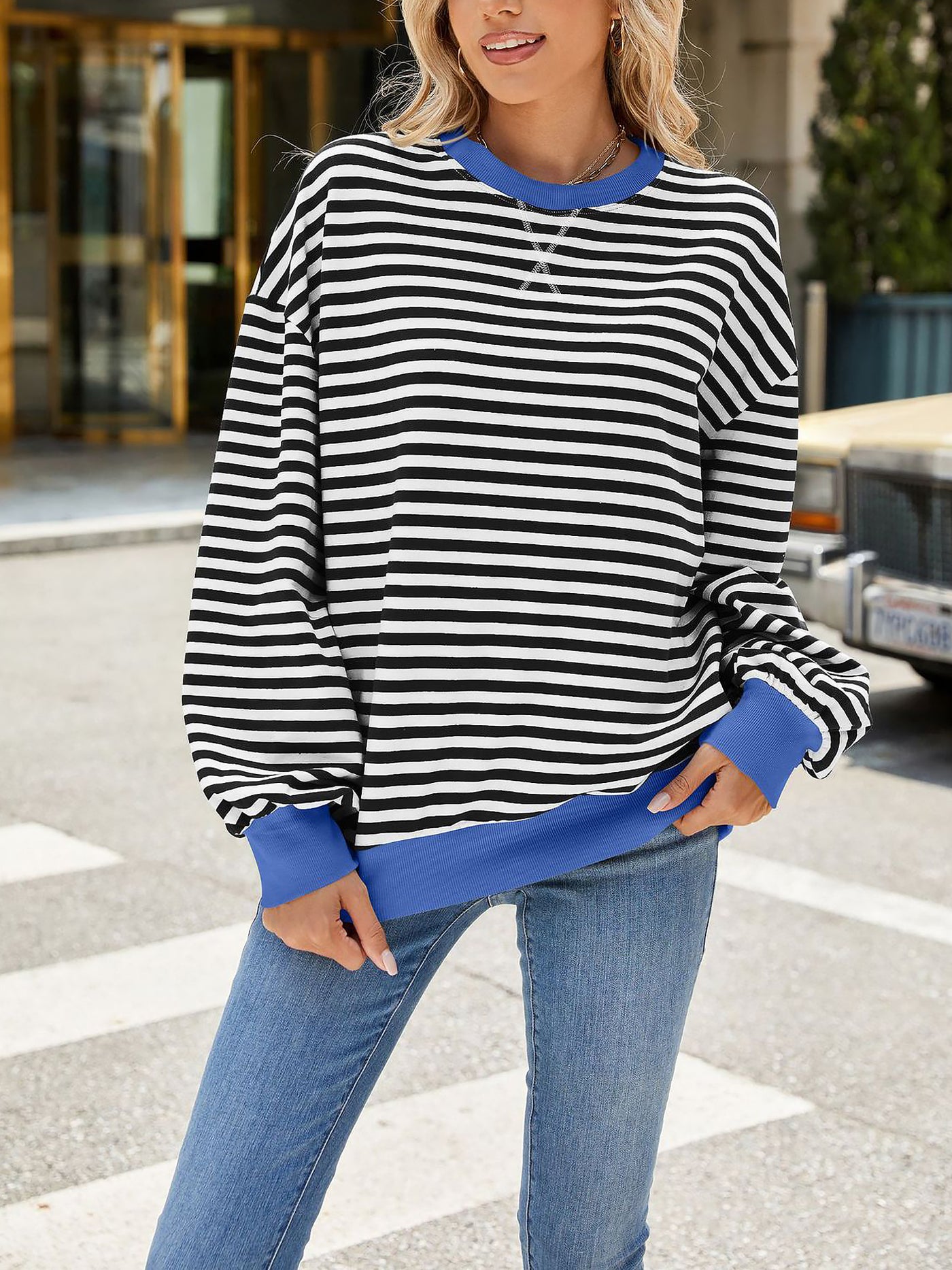 Allegra K Colorblock Striped Round Neck Long Sleeves Sweatshirt