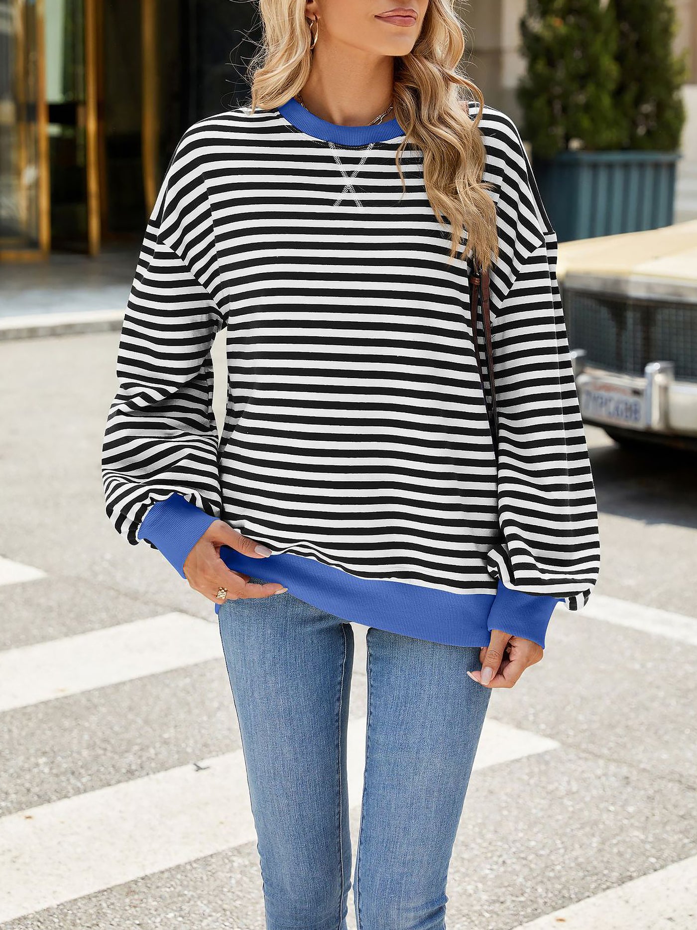 Allegra K Colorblock Striped Round Neck Long Sleeves Sweatshirt