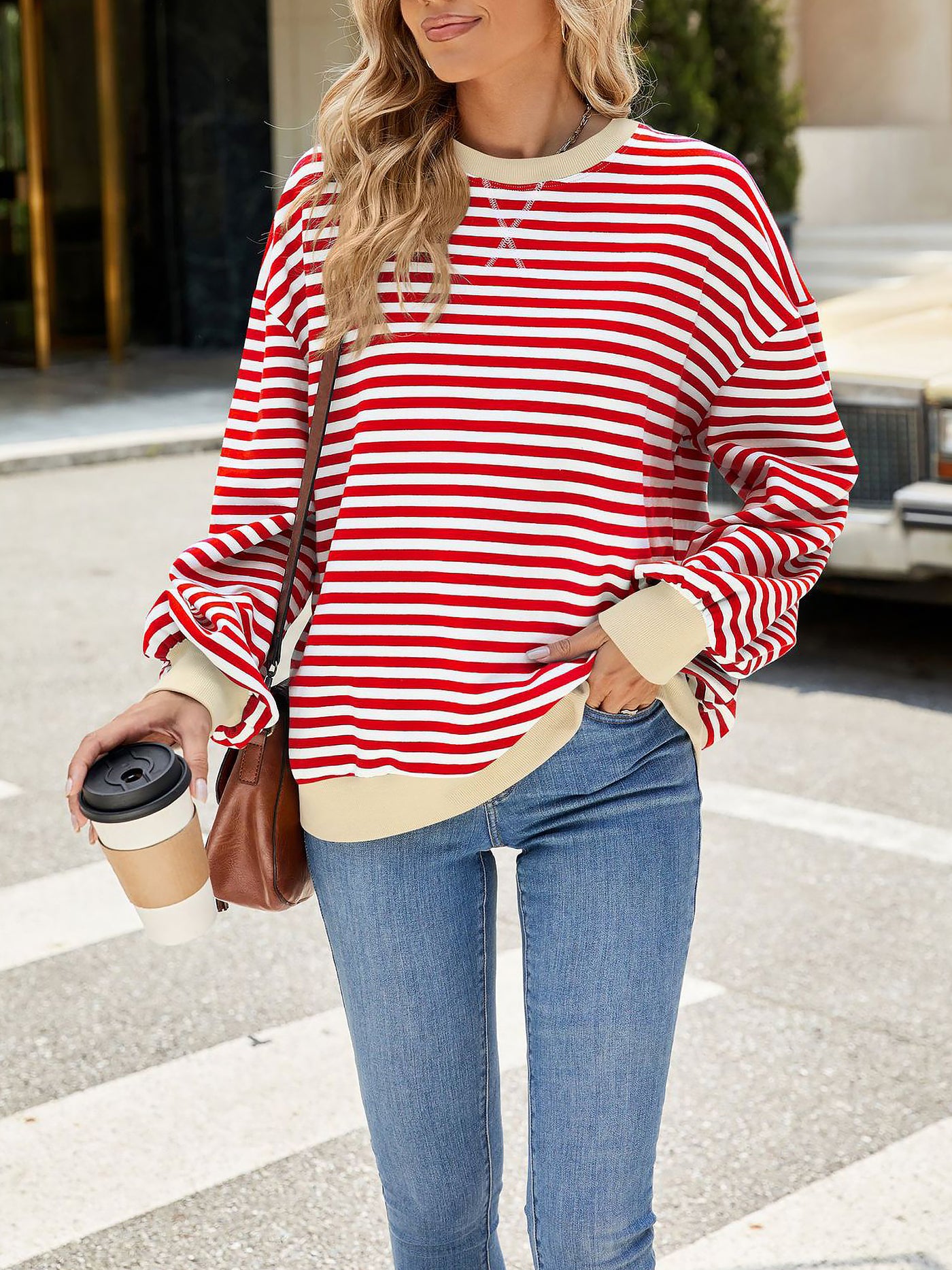 Allegra K Colorblock Striped Round Neck Long Sleeves Sweatshirt