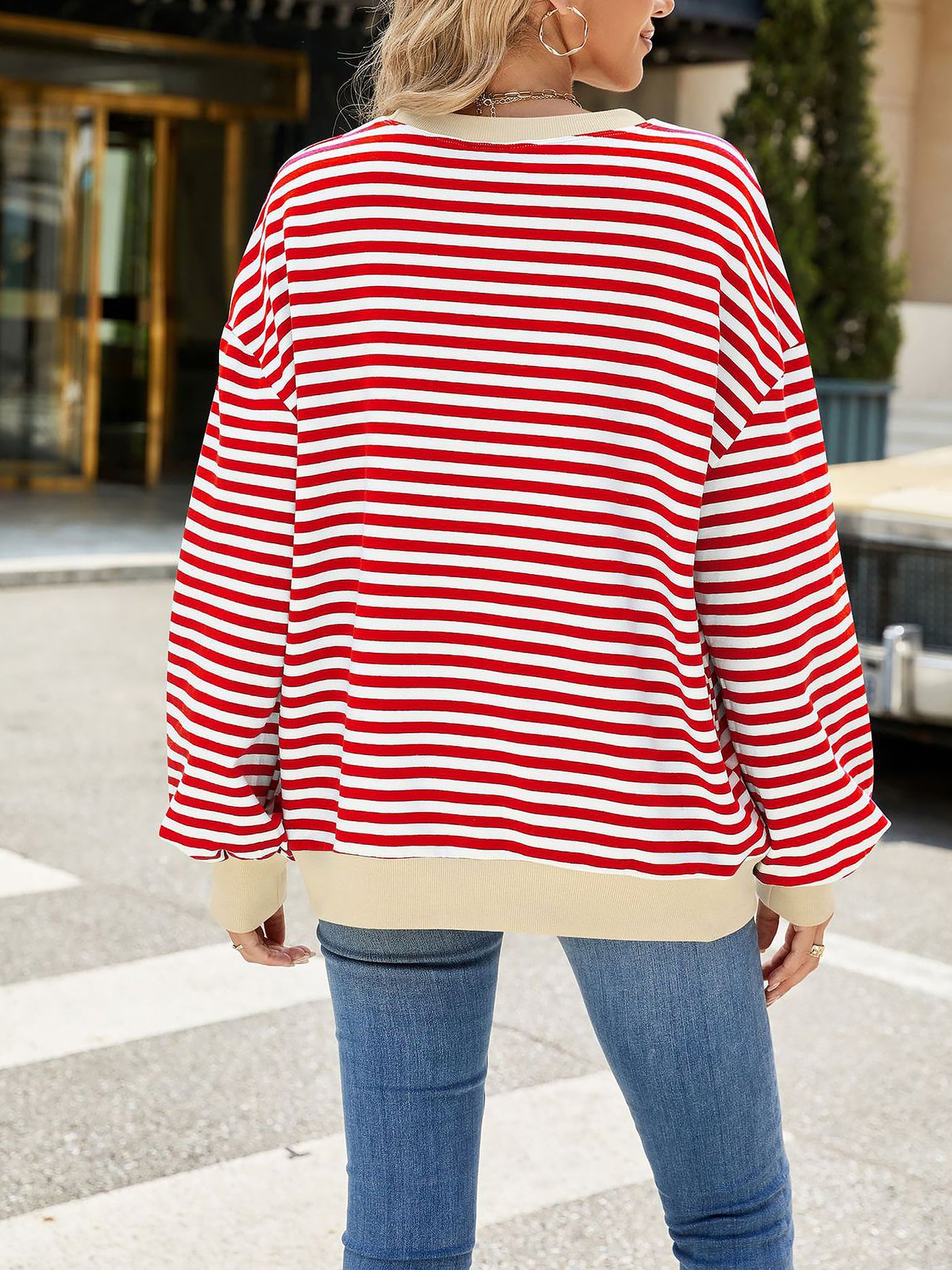 Allegra K Colorblock Striped Round Neck Long Sleeves Sweatshirt