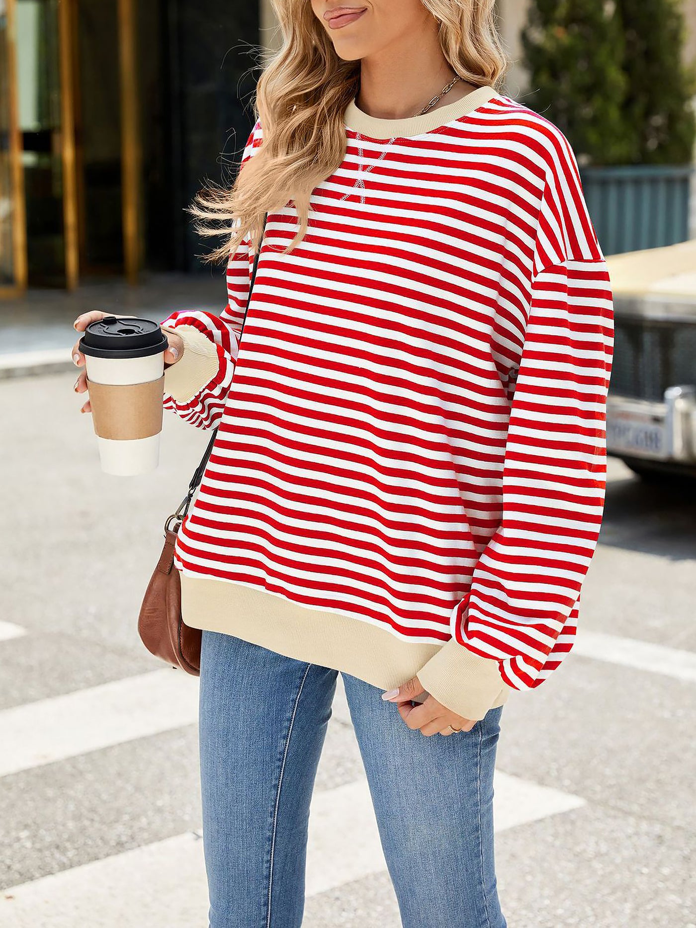 Allegra K Colorblock Striped Round Neck Long Sleeves Sweatshirt