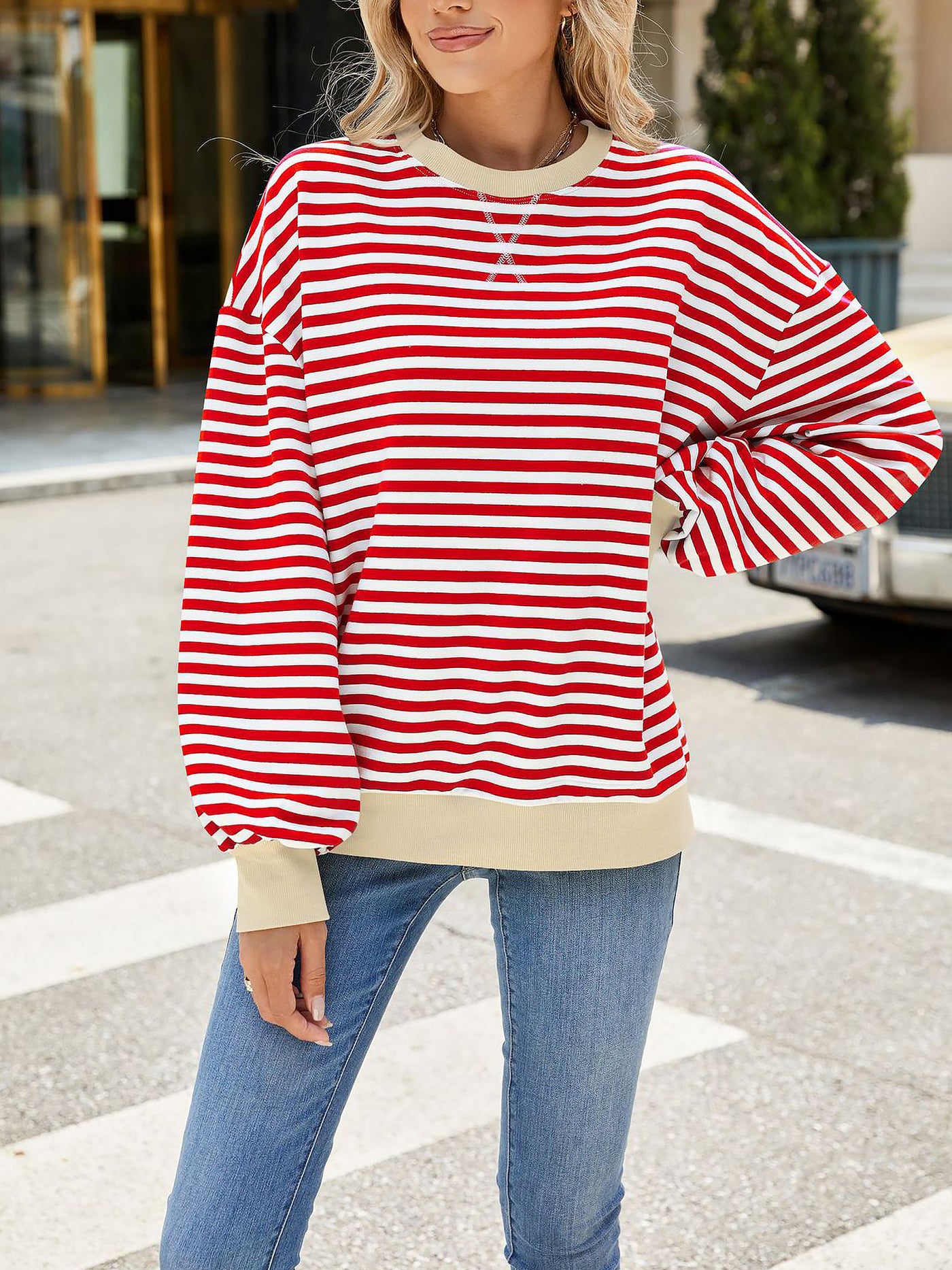 Allegra K Colorblock Striped Round Neck Long Sleeves Sweatshirt