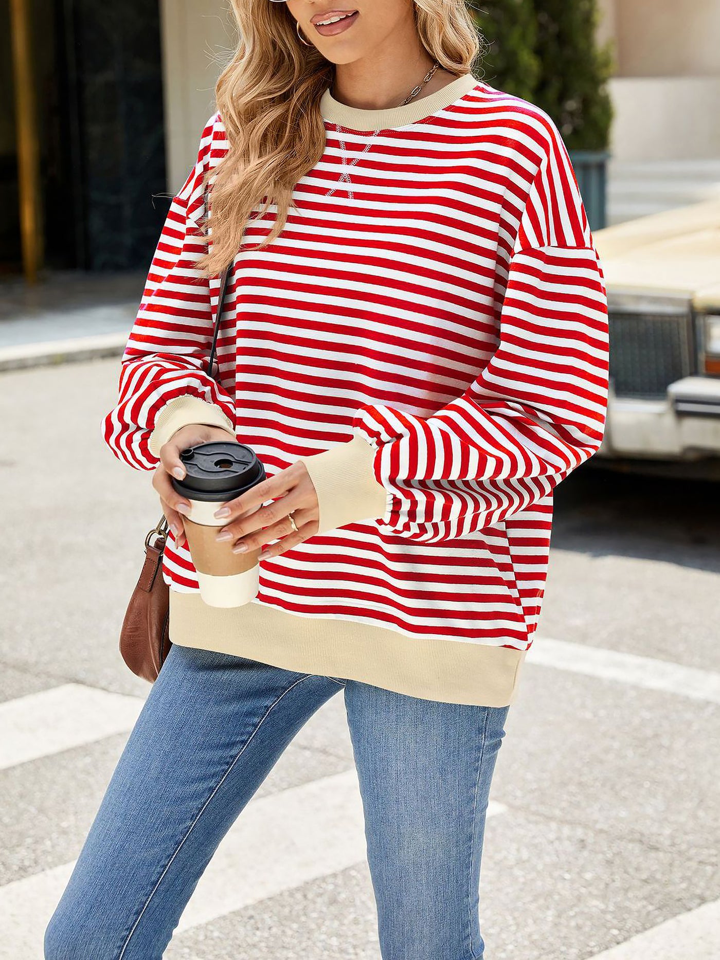 Allegra K Colorblock Striped Round Neck Long Sleeves Sweatshirt