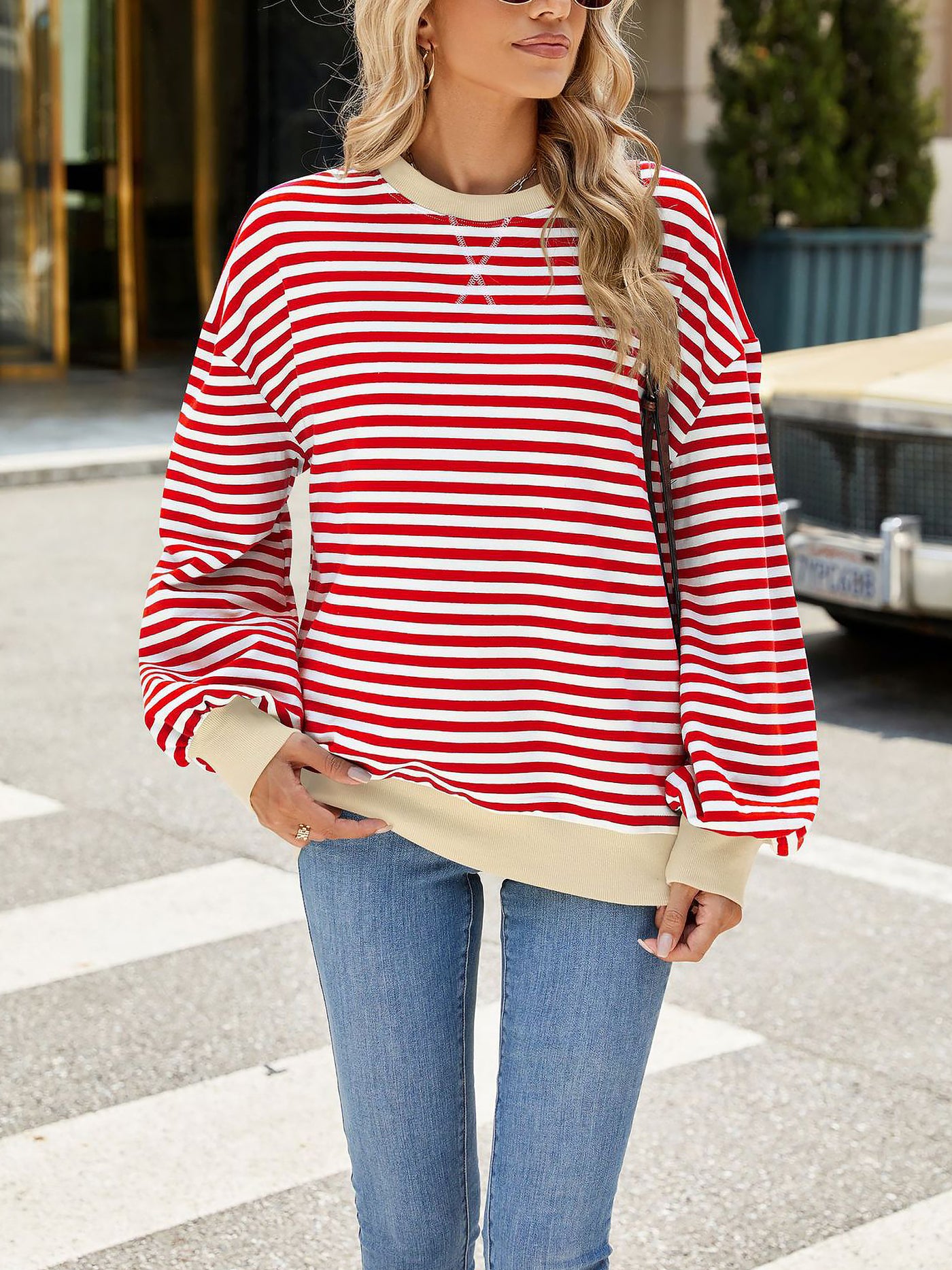 Allegra K Colorblock Striped Round Neck Long Sleeves Sweatshirt