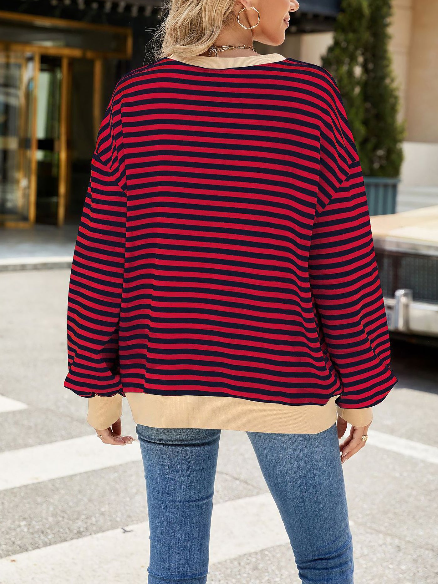 Allegra K Colorblock Striped Round Neck Long Sleeves Sweatshirt