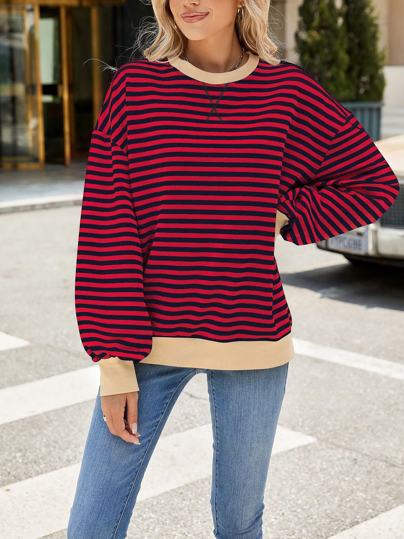 Allegra K Colorblock Striped Round Neck Long Sleeves Sweatshirt