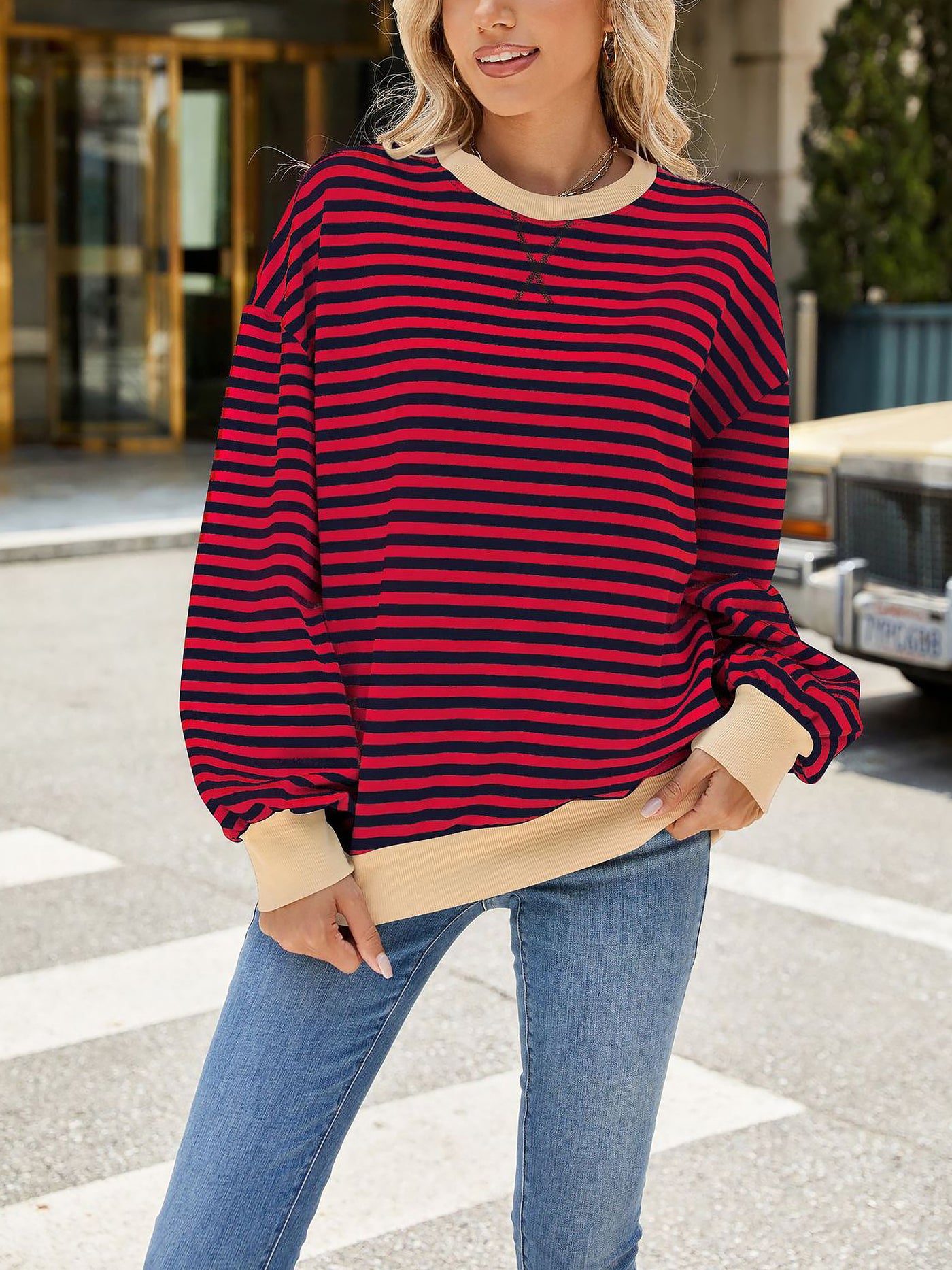 Allegra K Colorblock Striped Round Neck Long Sleeves Sweatshirt