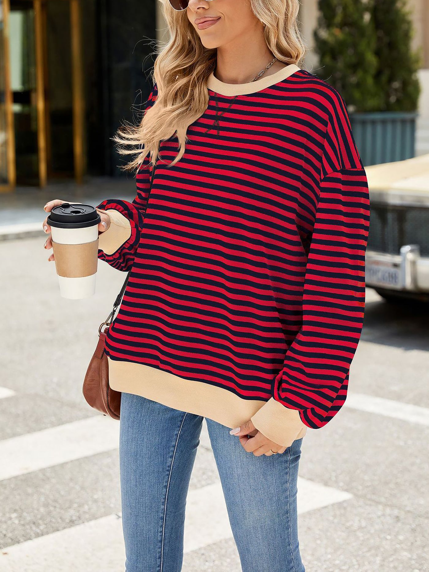 Allegra K Colorblock Striped Round Neck Long Sleeves Sweatshirt