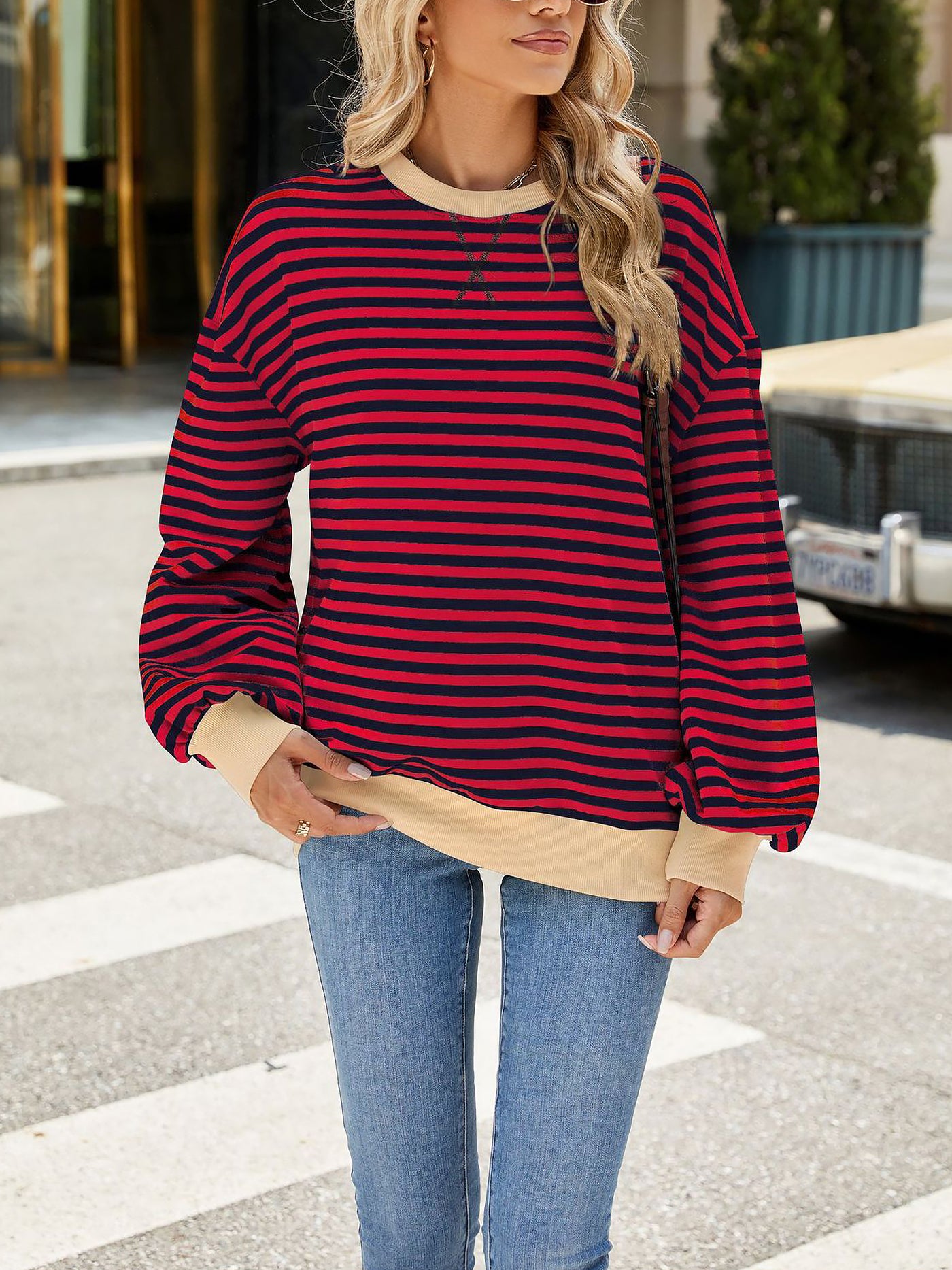 Allegra K Colorblock Striped Round Neck Long Sleeves Sweatshirt