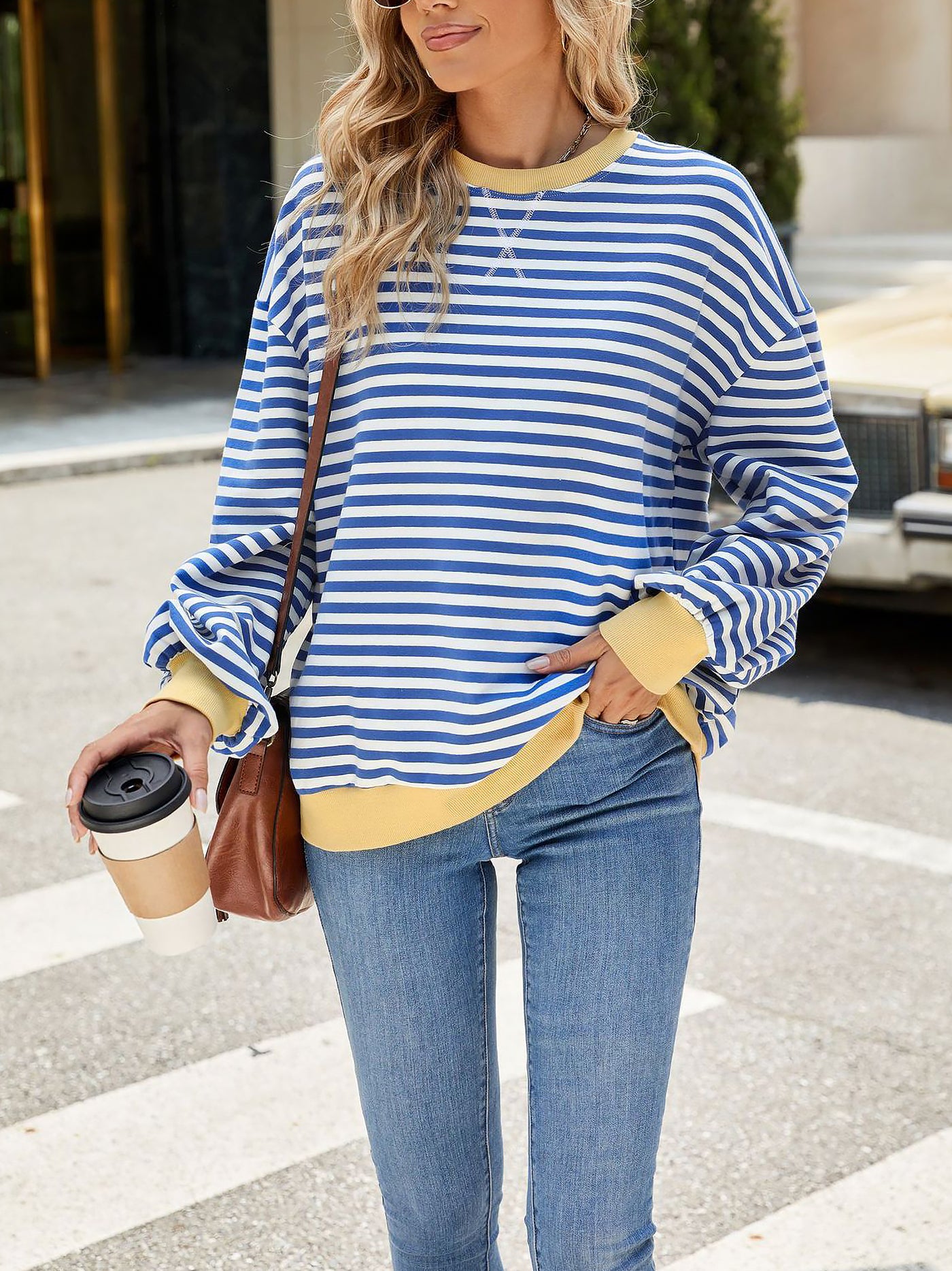 Allegra K Colorblock Striped Round Neck Long Sleeves Sweatshirt