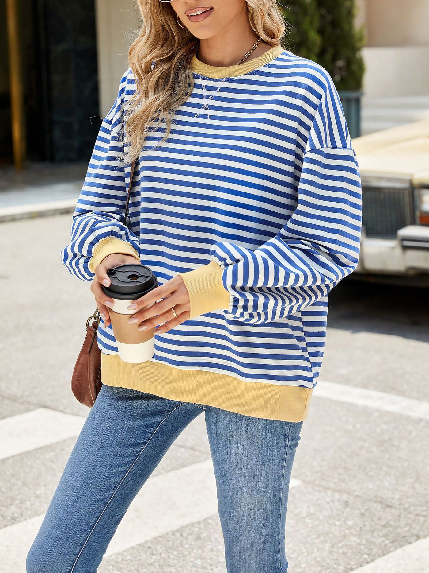 Allegra K Colorblock Striped Round Neck Long Sleeves Sweatshirt