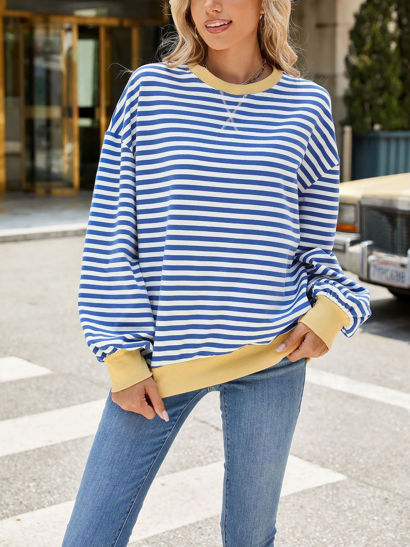 Allegra K Colorblock Striped Round Neck Long Sleeves Sweatshirt