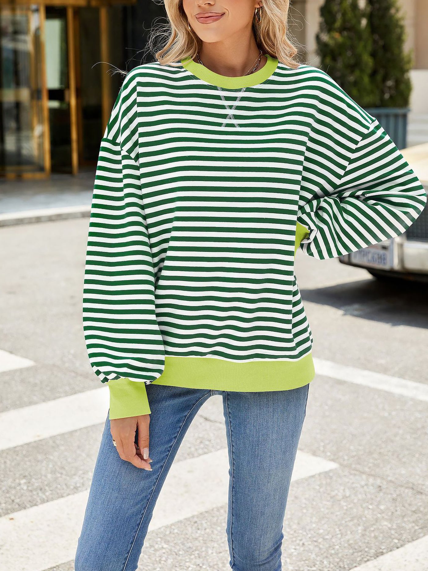 Allegra K Colorblock Striped Round Neck Long Sleeves Sweatshirt