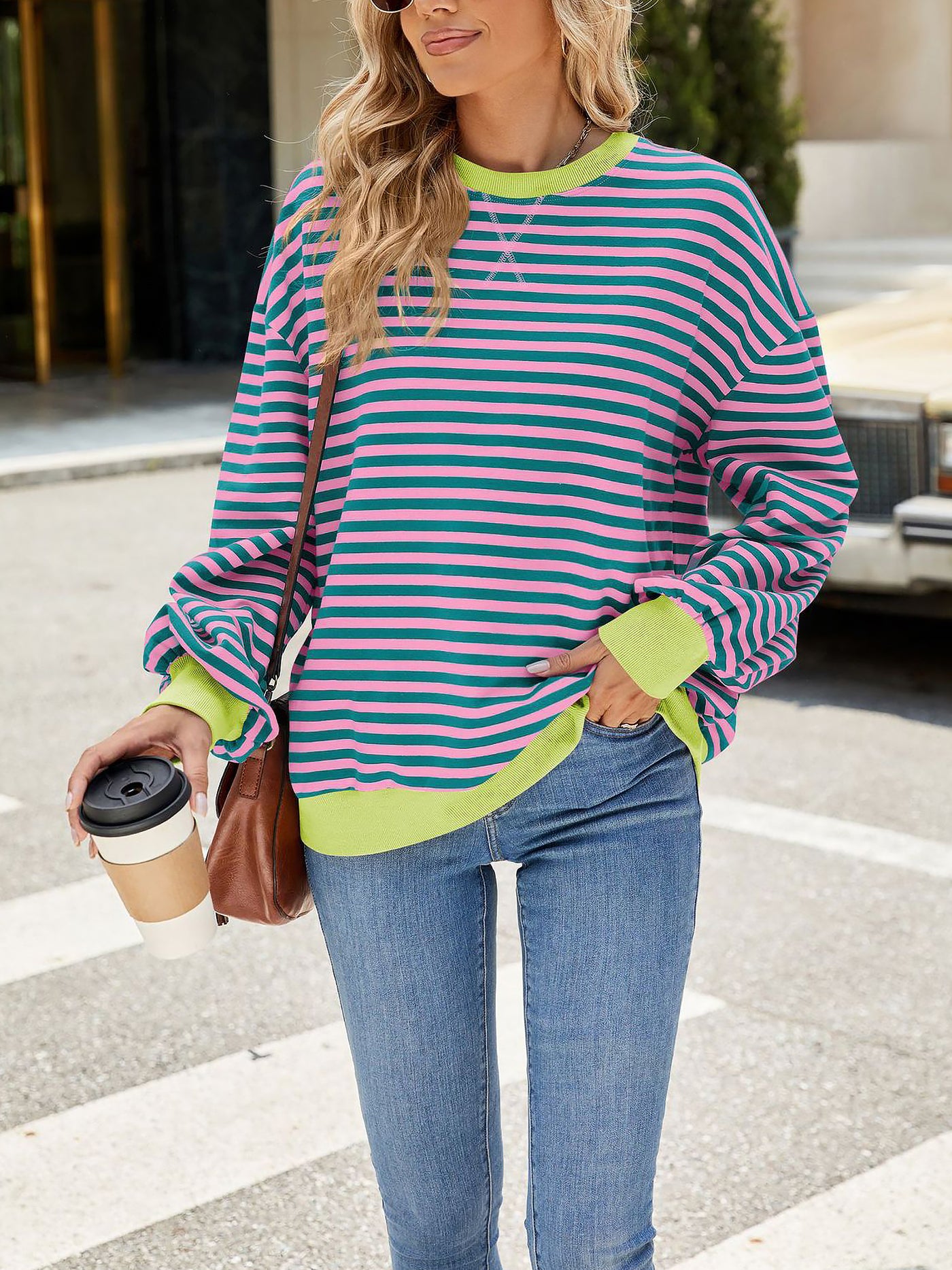 Allegra K Colorblock Striped Round Neck Long Sleeves Sweatshirt