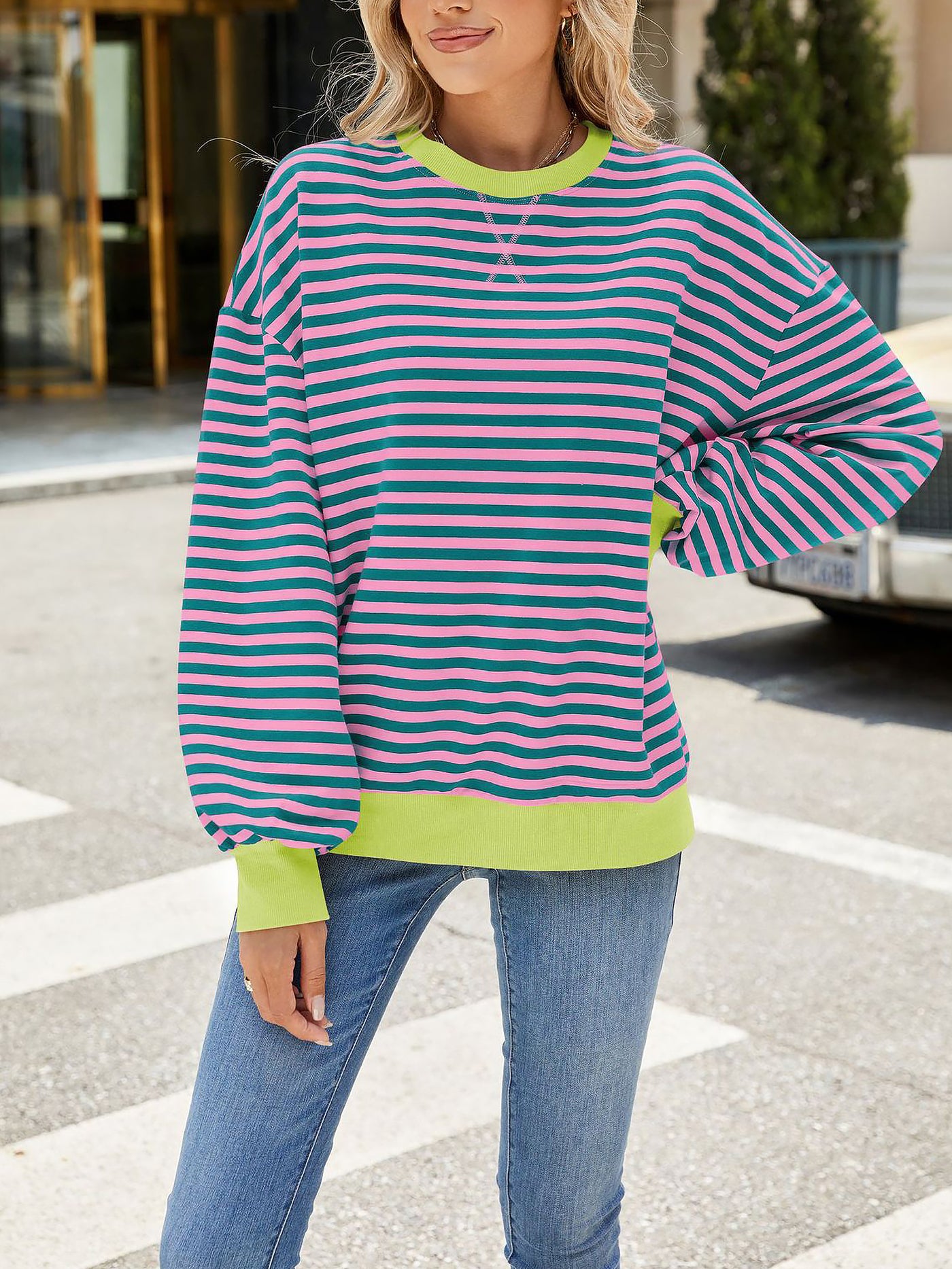 Allegra K Colorblock Striped Round Neck Long Sleeves Sweatshirt