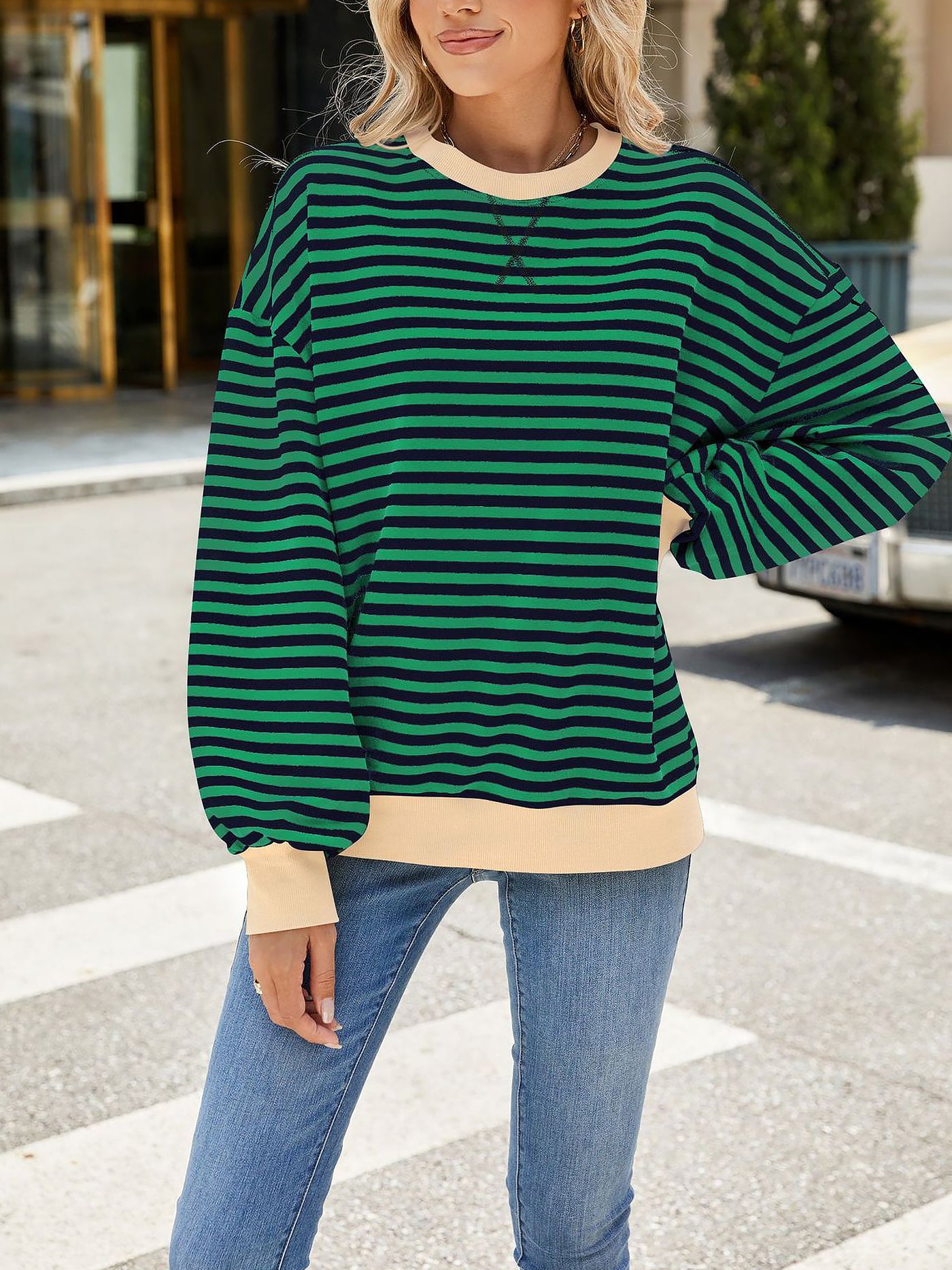 Allegra K Colorblock Striped Round Neck Long Sleeves Sweatshirt