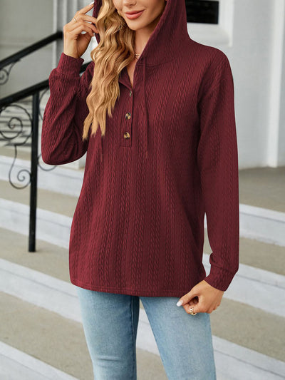 Solid Color Textured Long Sleeve Buttoned Hoodies