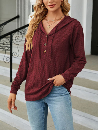 Solid Color Textured Long Sleeve Buttoned Hoodies