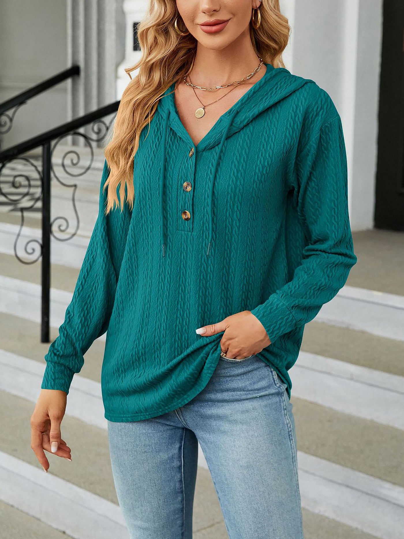 Allegra K Solid Color Textured Long Sleeve Buttoned Hoodies