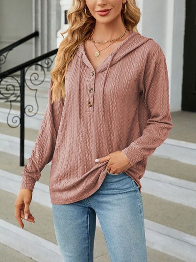 Solid Color Textured Long Sleeve Buttoned Hoodies