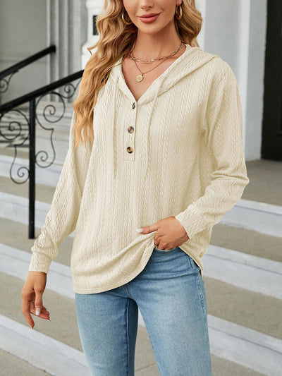 Solid Color Textured Long Sleeve Buttoned Hoodies