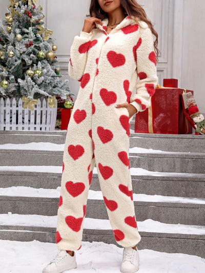 Heart Print Long Sleeves Hooded Pocketed Plush Jumpsuit