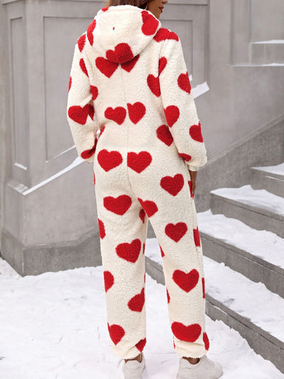 Heart Print Long Sleeves Hooded Pocketed Plush Jumpsuit