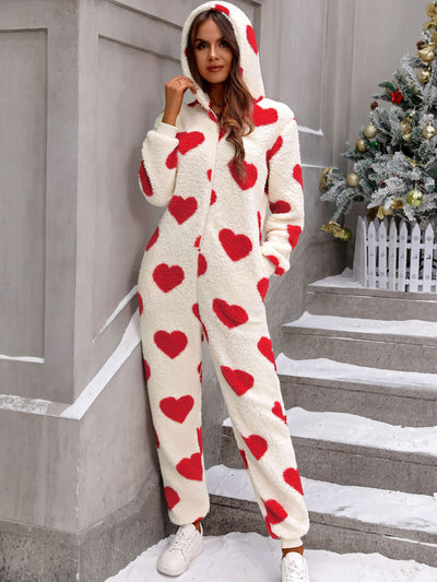 Heart Print Long Sleeves Hooded Pocketed Plush Jumpsuit