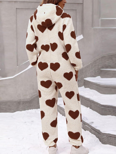 Heart Print Long Sleeves Hooded Pocketed Plush Jumpsuit