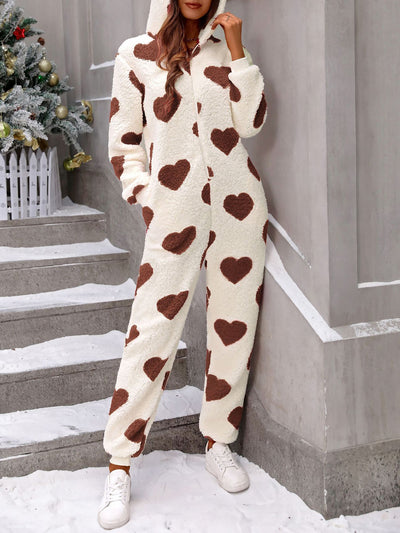 Heart Print Long Sleeves Hooded Pocketed Plush Jumpsuit