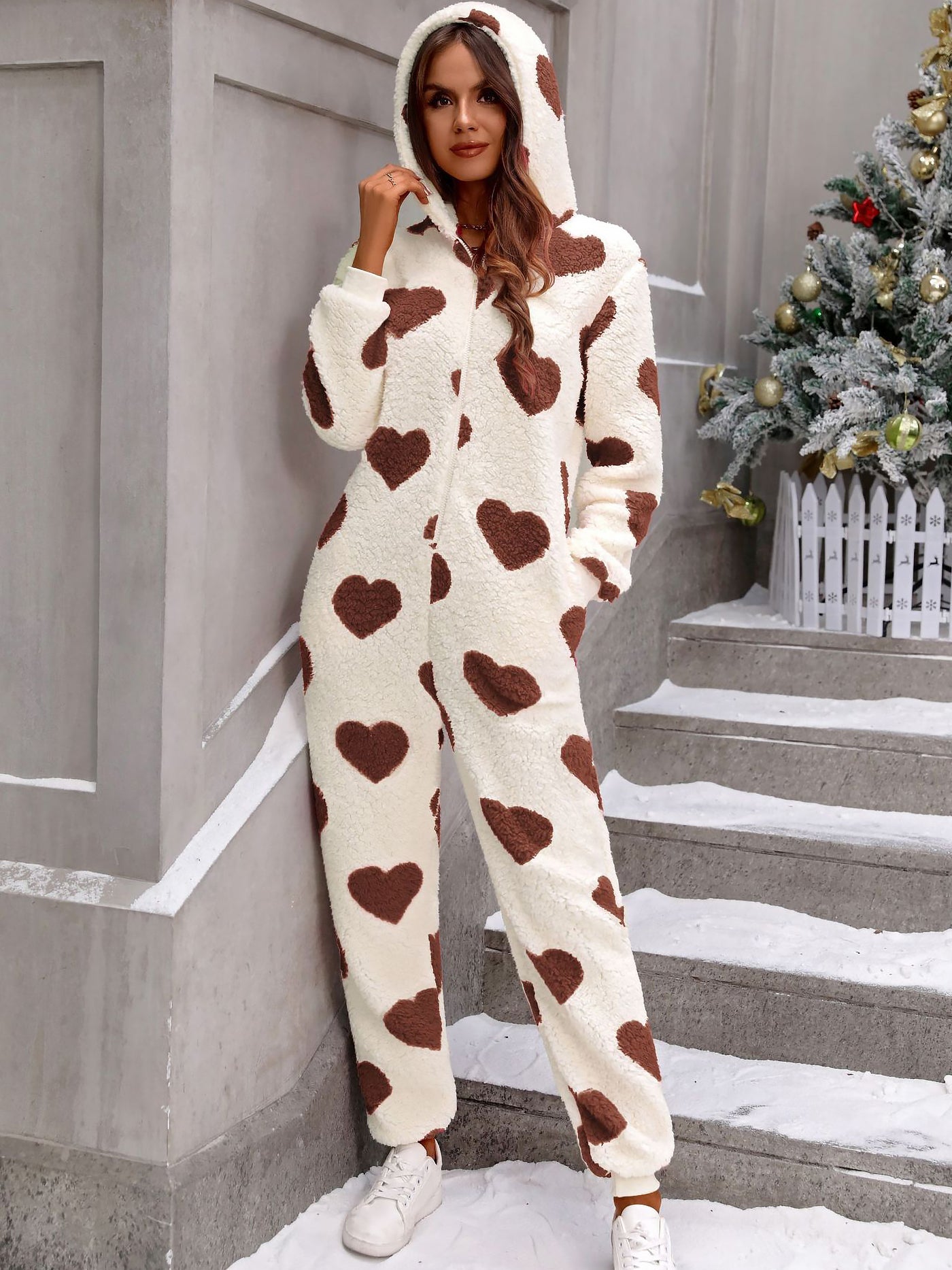 Allegra K Heart Print Long Sleeves Hooded Pocketed Plush Jumpsuit