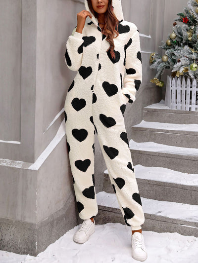 Heart Print Long Sleeves Hooded Pocketed Plush Jumpsuit