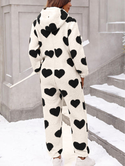 Heart Print Long Sleeves Hooded Pocketed Plush Jumpsuit