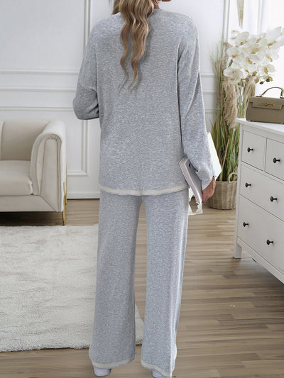 2 Pieces Colorblock Long Sleeves Top & Straight Leg Split Pants Loungewear Set