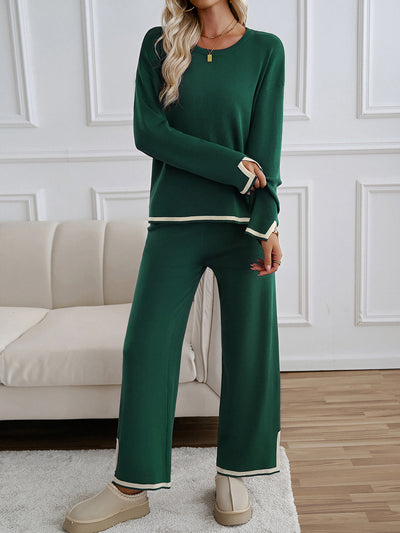 2 Pieces Colorblock Long Sleeves Top & Straight Leg Split Pants Loungewear Set