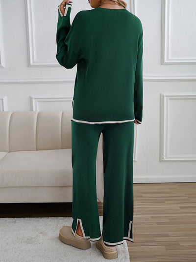 2 Pieces Colorblock Long Sleeves Top & Straight Leg Split Pants Loungewear Set