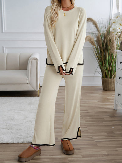 2 Pieces Colorblock Long Sleeves Top & Straight Leg Split Pants Loungewear Set