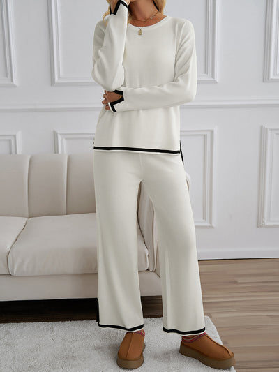 2 Pieces Colorblock Long Sleeves Top & Straight Leg Split Pants Loungewear Set