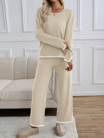 2 Pieces Colorblock Long Sleeves Top & Straight Leg Split Pants Loungewear Set