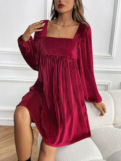 Velvet Textured Square Neck Pocketed Mini Dress