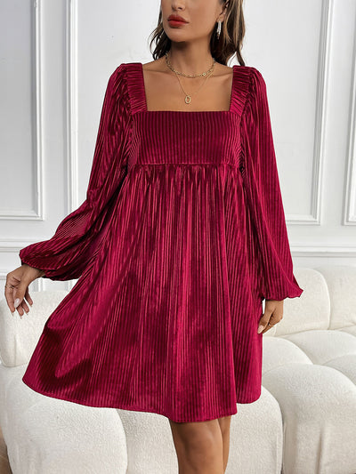 Velvet Textured Square Neck Pocketed Mini Dress