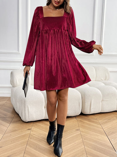 Velvet Textured Square Neck Pocketed Mini Dress