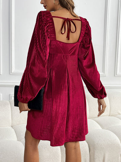 Velvet Textured Square Neck Pocketed Mini Dress