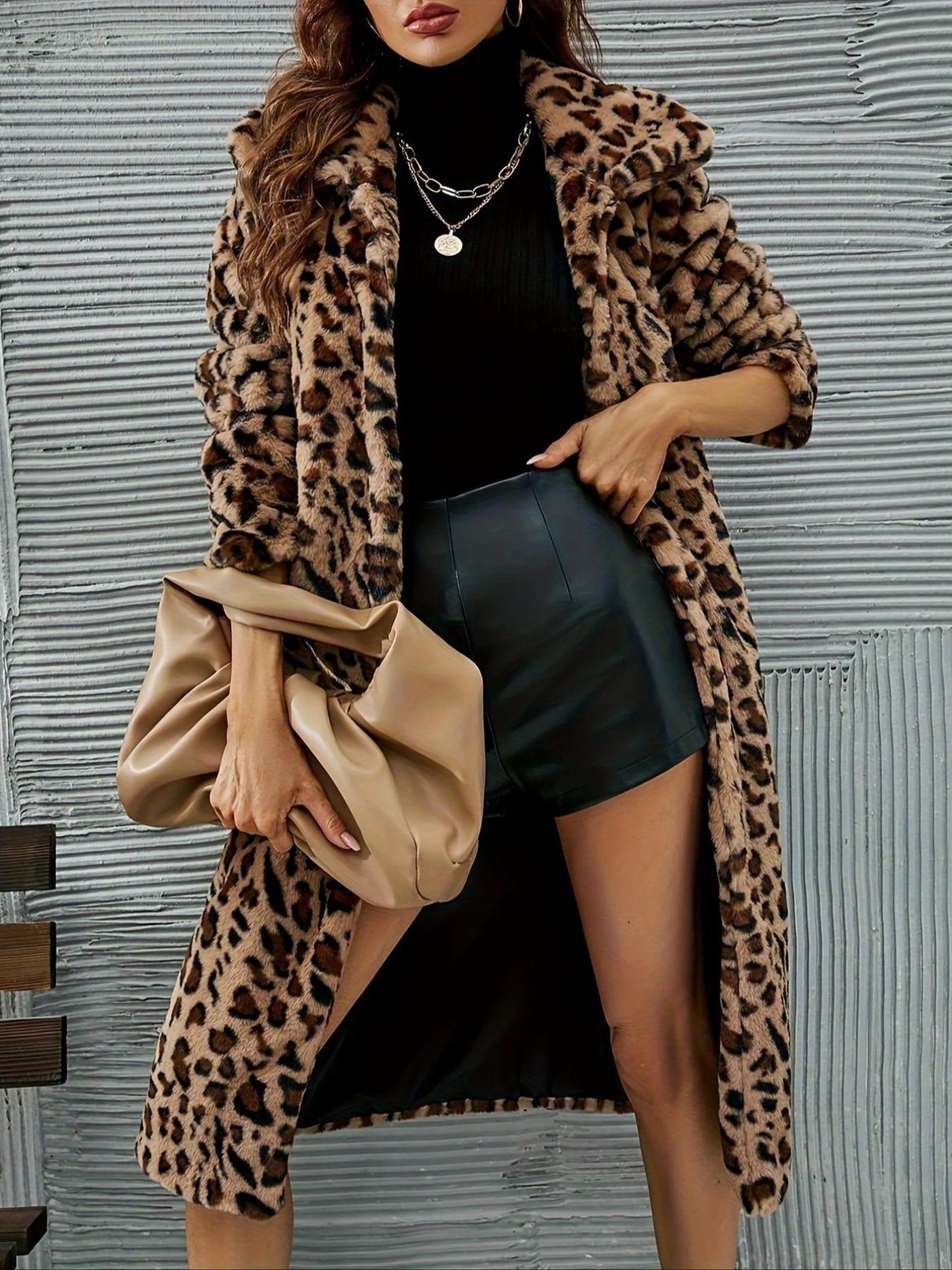 Allegra K Lapel Faux Fur Leopard Print Plush Long Coat