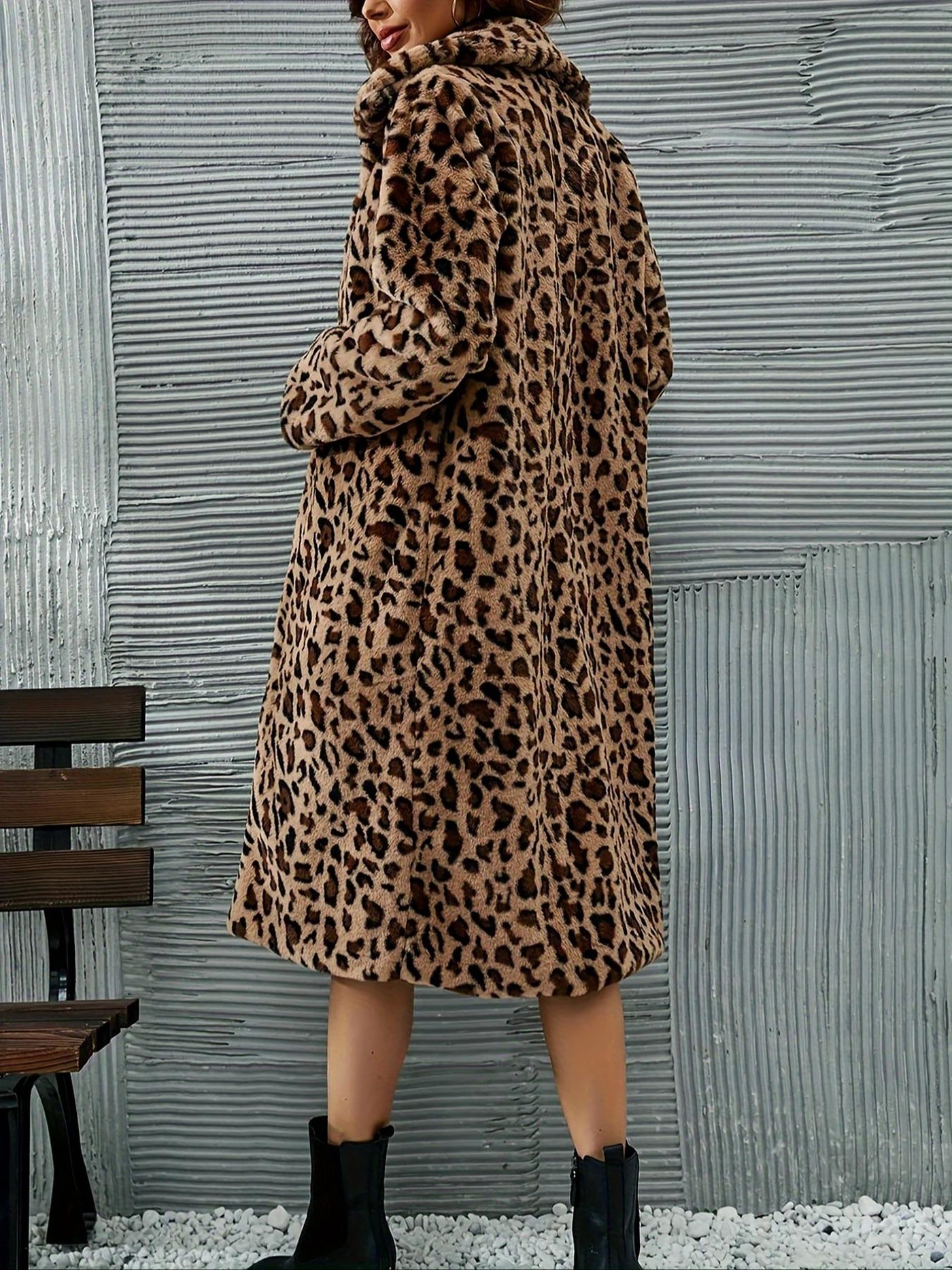 Allegra K Lapel Faux Fur Leopard Print Plush Long Coat