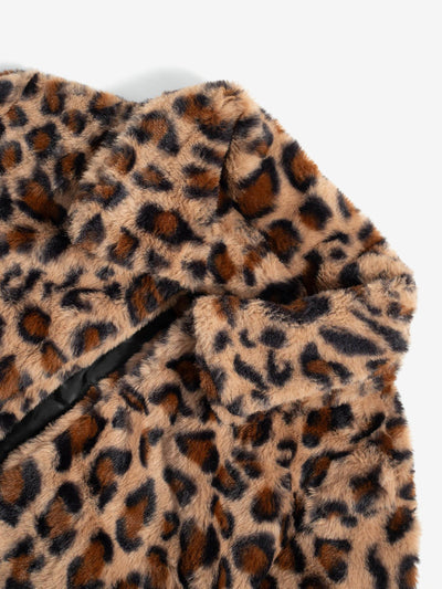 Lapel Faux Fur Leopard Print Plush Long Coat